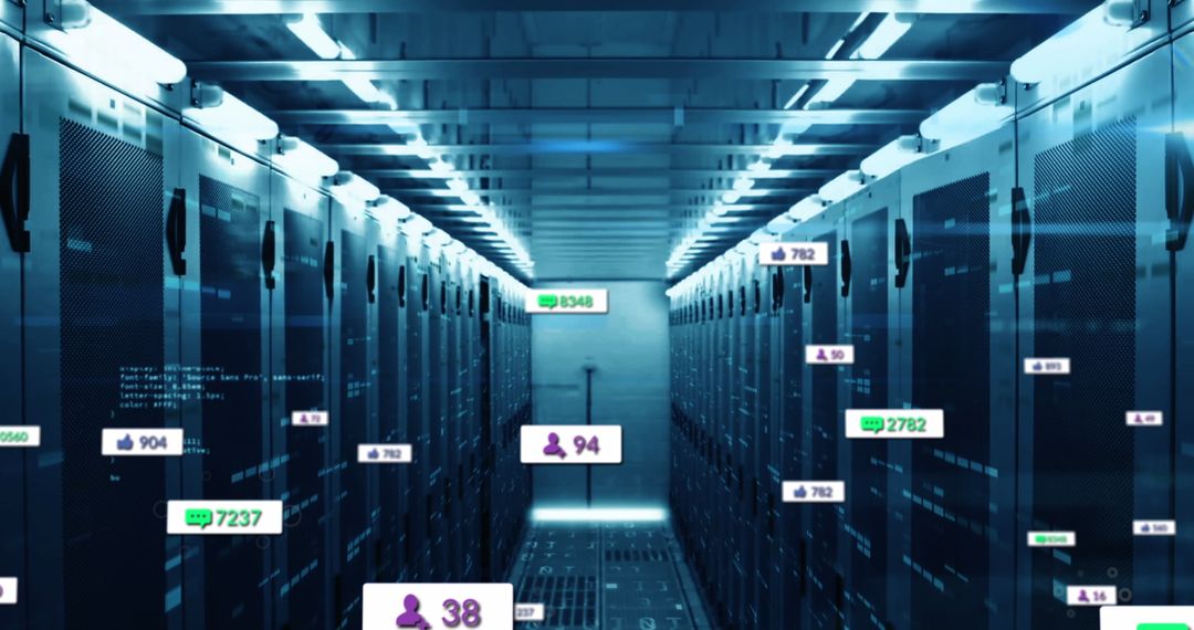 Server Room with Social Media Interaction Visuals