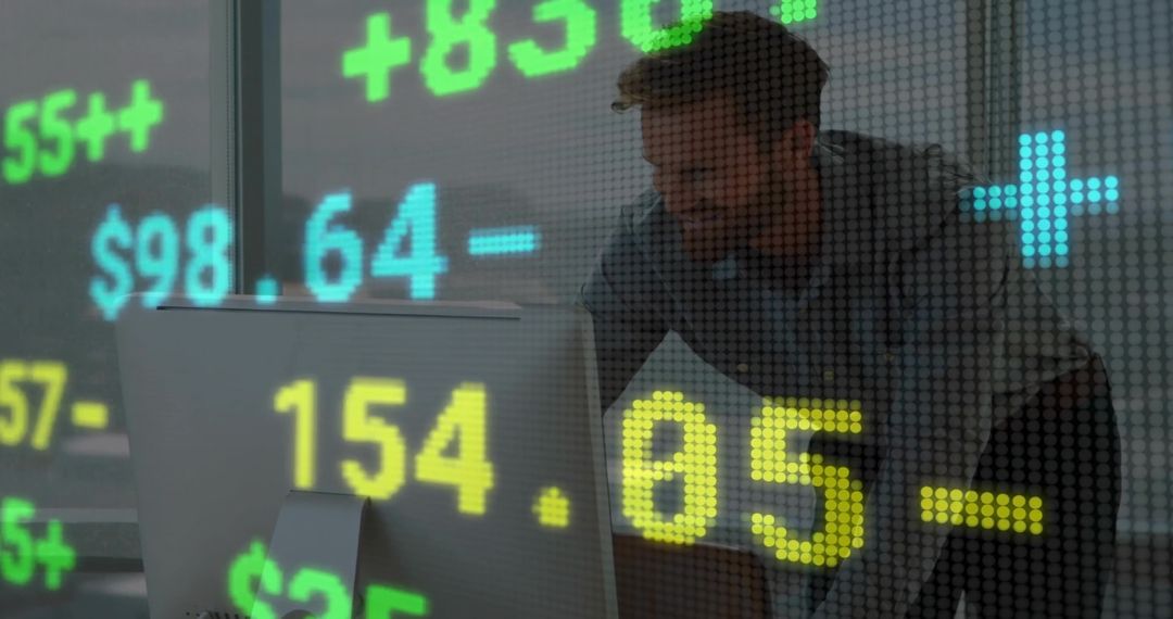Financial Analyst Examining Stock Data with Digital Overlay