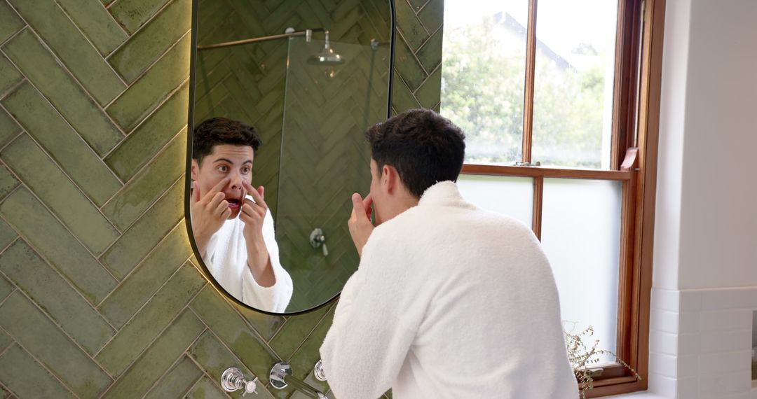 Man Skincare Routine in Modern Bathroom Mirror Reflection