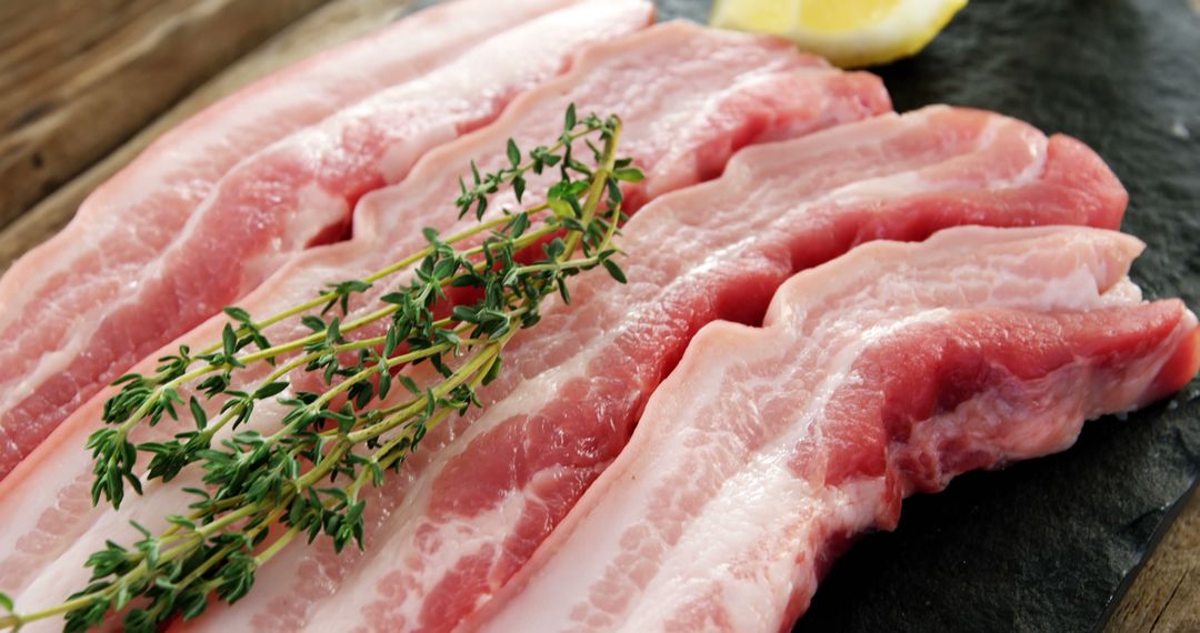 Fresh Pork Belly Slices with Thyme on Slate Board - Free Images, Stock Photos and Pictures on Pikwizard.com