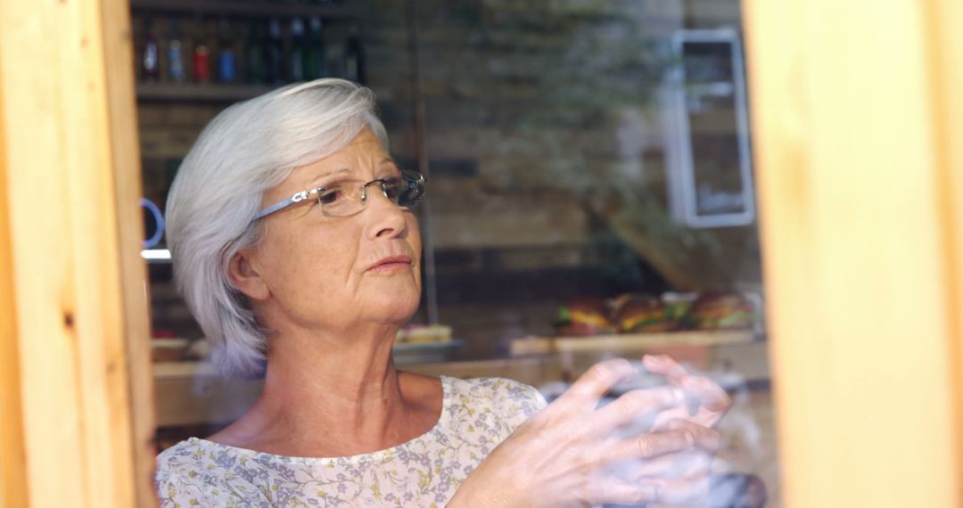 Thoughtful Senior Woman Looking Through Cafe Window Holding Coffee - Free Images, Stock Photos and Pictures on Pikwizard.com