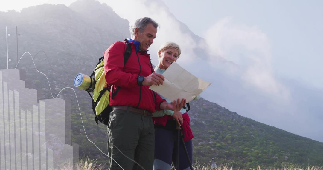 Senior Hikers Navigating Mountains with Map and Gear