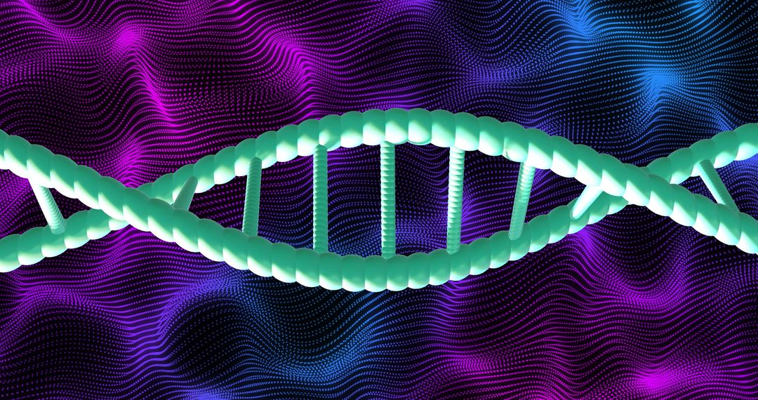 Glowing DNA Helix Against Abstract Wave Pattern in Purple and Blue