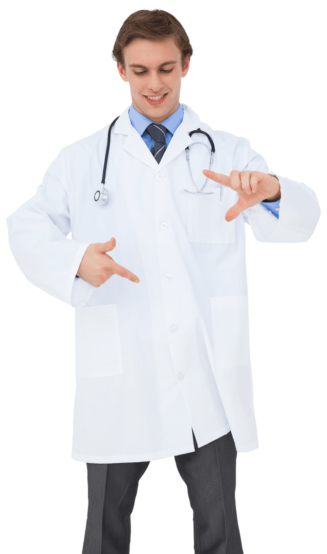 Transparent Doctor in Lab Coat Pointing Medical Gesture