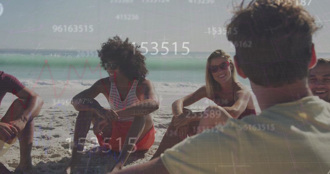 Diverse Friends on Beach with Overlaid Digital Data
