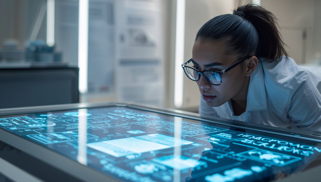 Woman scientist leaning over touchscreen table studying futuristic schematics in lab