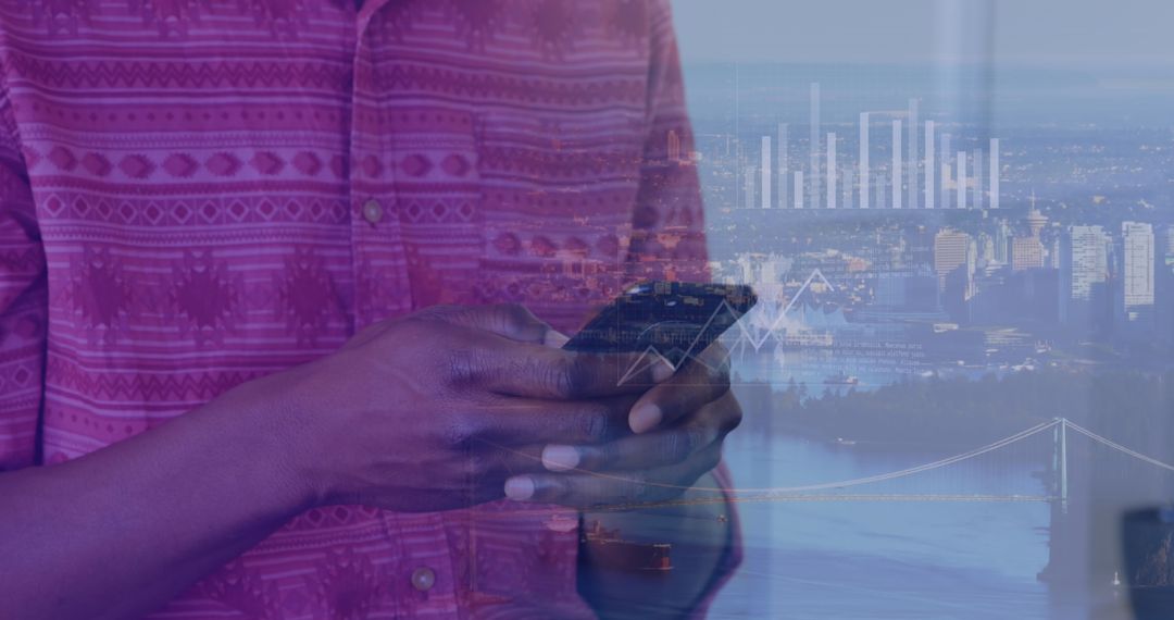 Businessman Using Smartphone with Futuristic Data Overlay