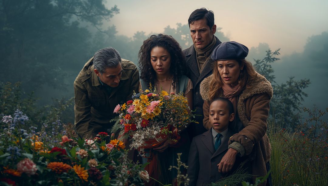 Family gathering in foggy meadow during memorial