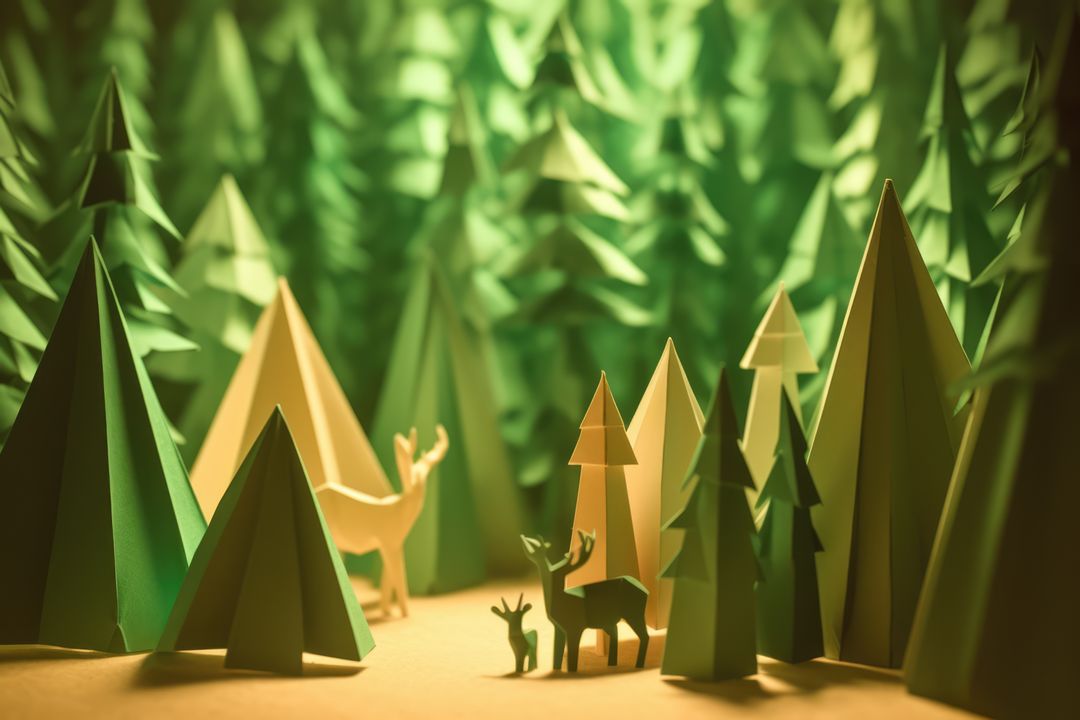 Green and yellow origami forest and wild animals in spring, created using generative ai technology - Free Images, Stock Photos and Pictures on Pikwizard.com