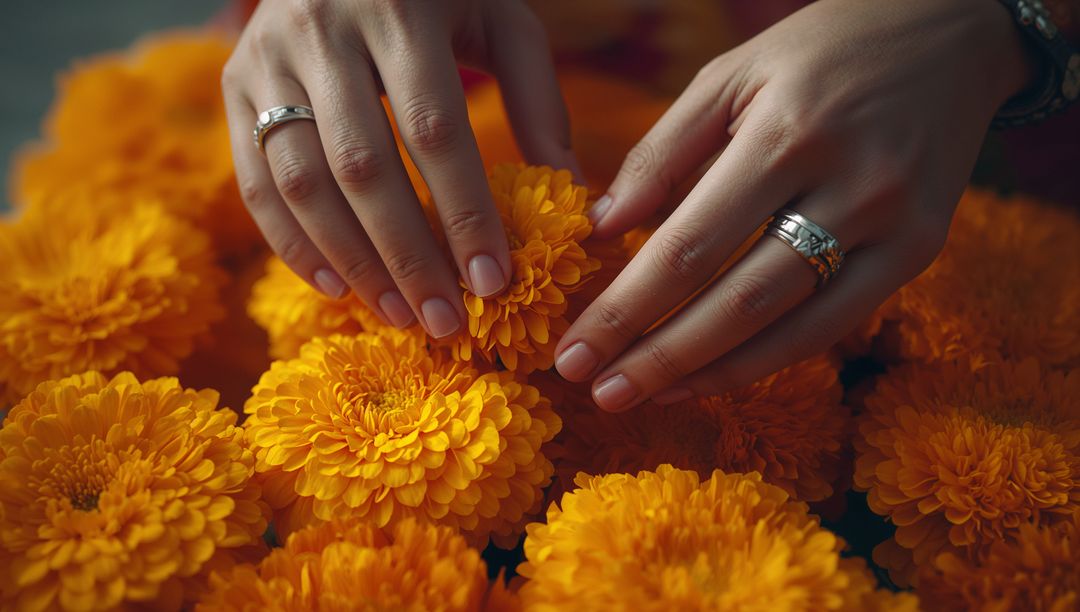 Elegantly Positioned Hands Arranging Vibrant Marigolds