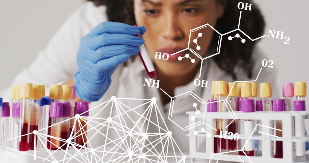 Scientist Analyzing Blood Sample with Molecular Structure Graphics - Free Images, Stock Photos and Pictures on Pikwizard.com