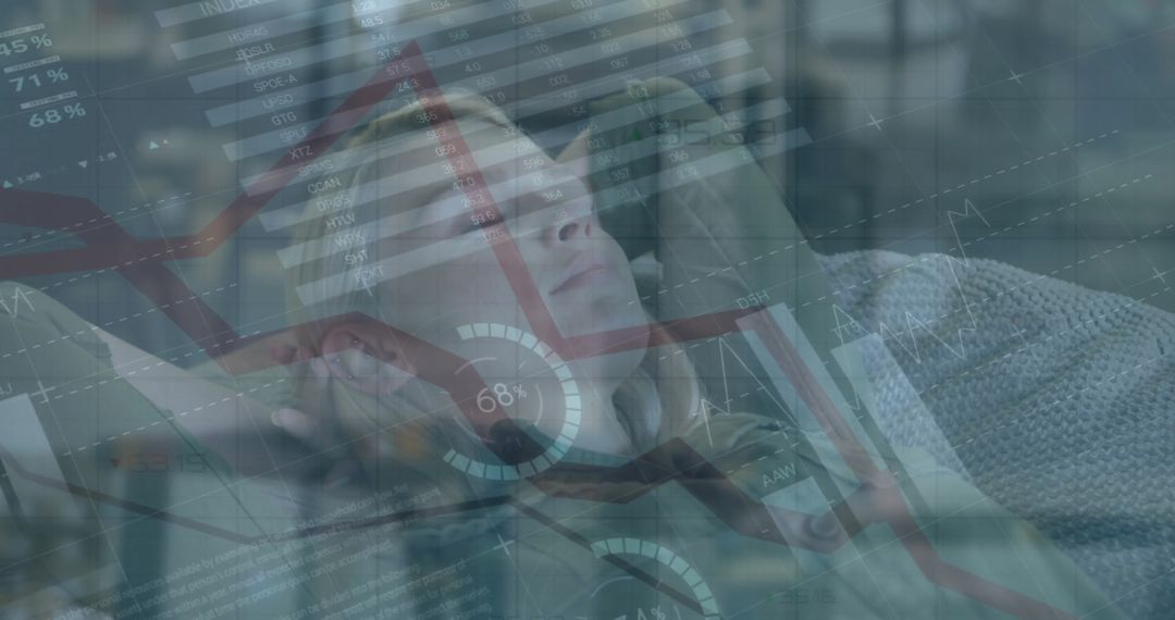 Tech Overlay: Businesswoman Relaxing Amidst Data Visualization