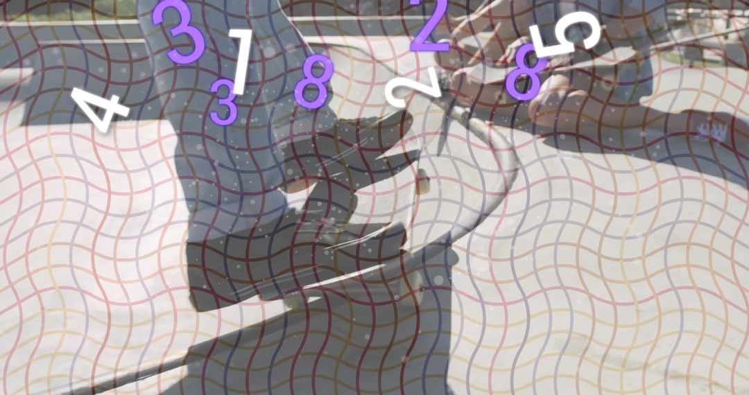 Reclining man raising arms on white bed with pole and digital numeric wavy grid overlay