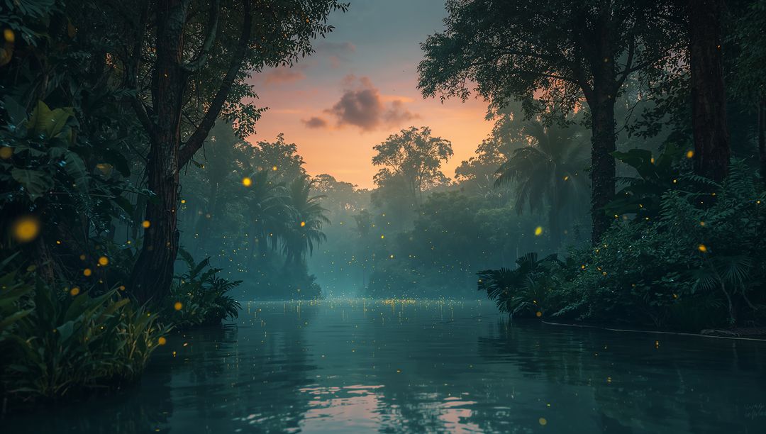 Shimmering River at Dusk through Tropical Rainforest with Glowing Fireflies, Misty Canopy