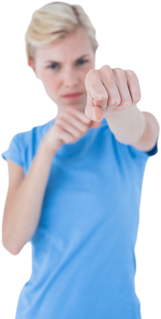 Caucasian Woman Showcasing Fist on Transparent Background