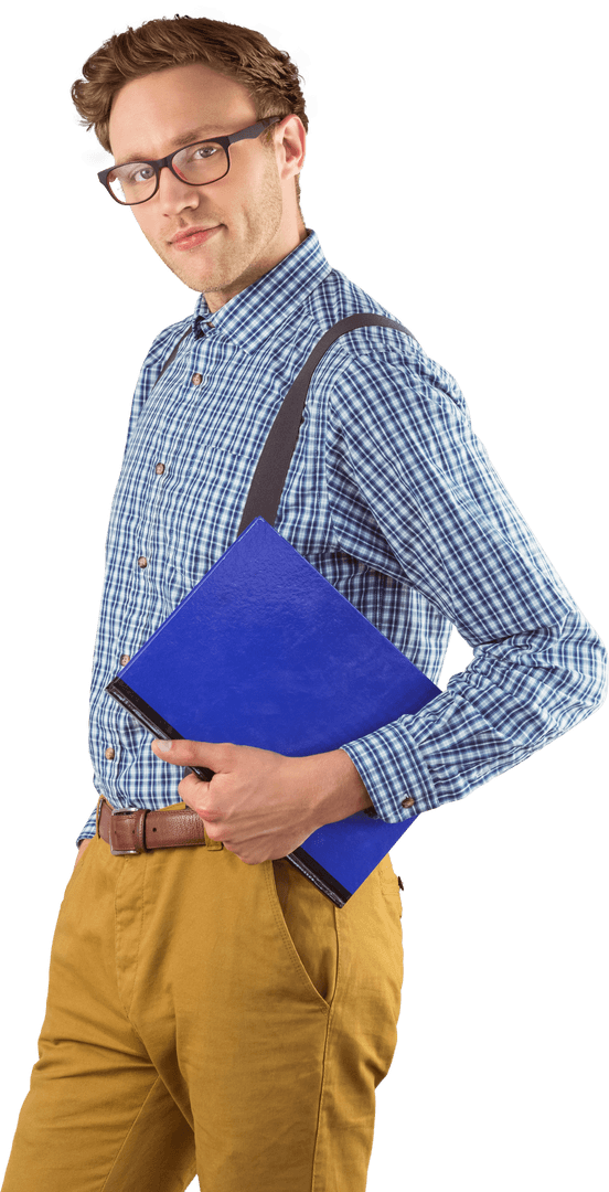Confident Geek Holding Blue Notebook with Transparent Background