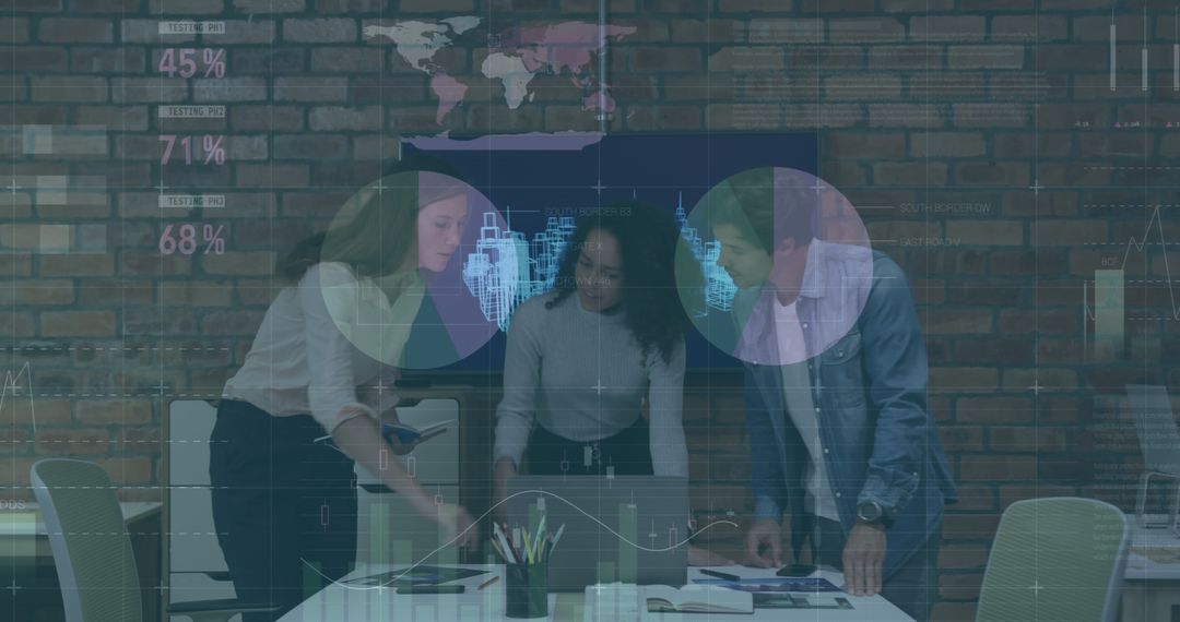 Business Team Collaborating on Data Analysis with High-Tech Interface