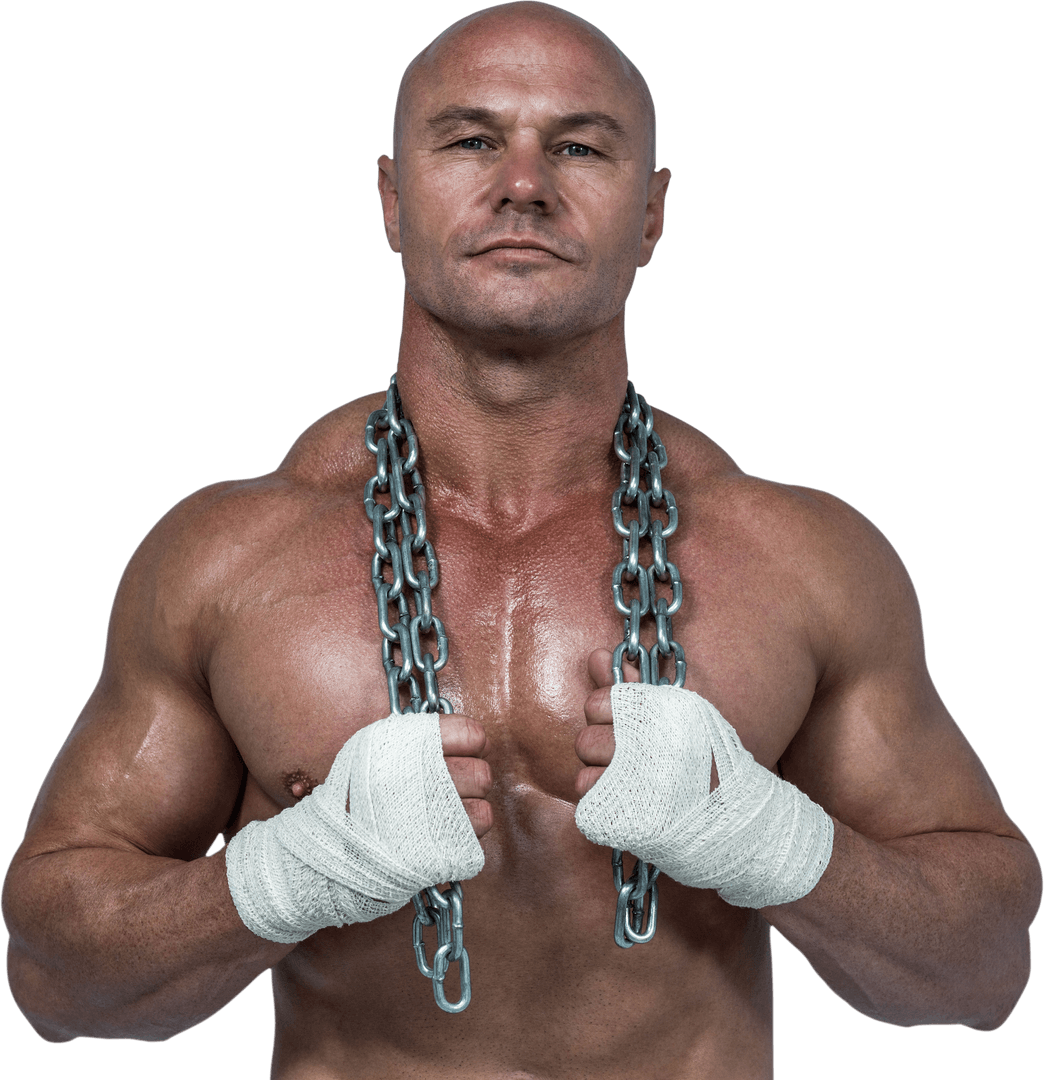 Confident Bodybuilder with Chain and Bandaged Hands on Transparent Background