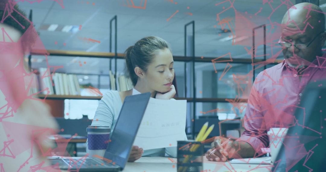 Diverse Professionals Collaborating in Modern Office with Digital Overlay