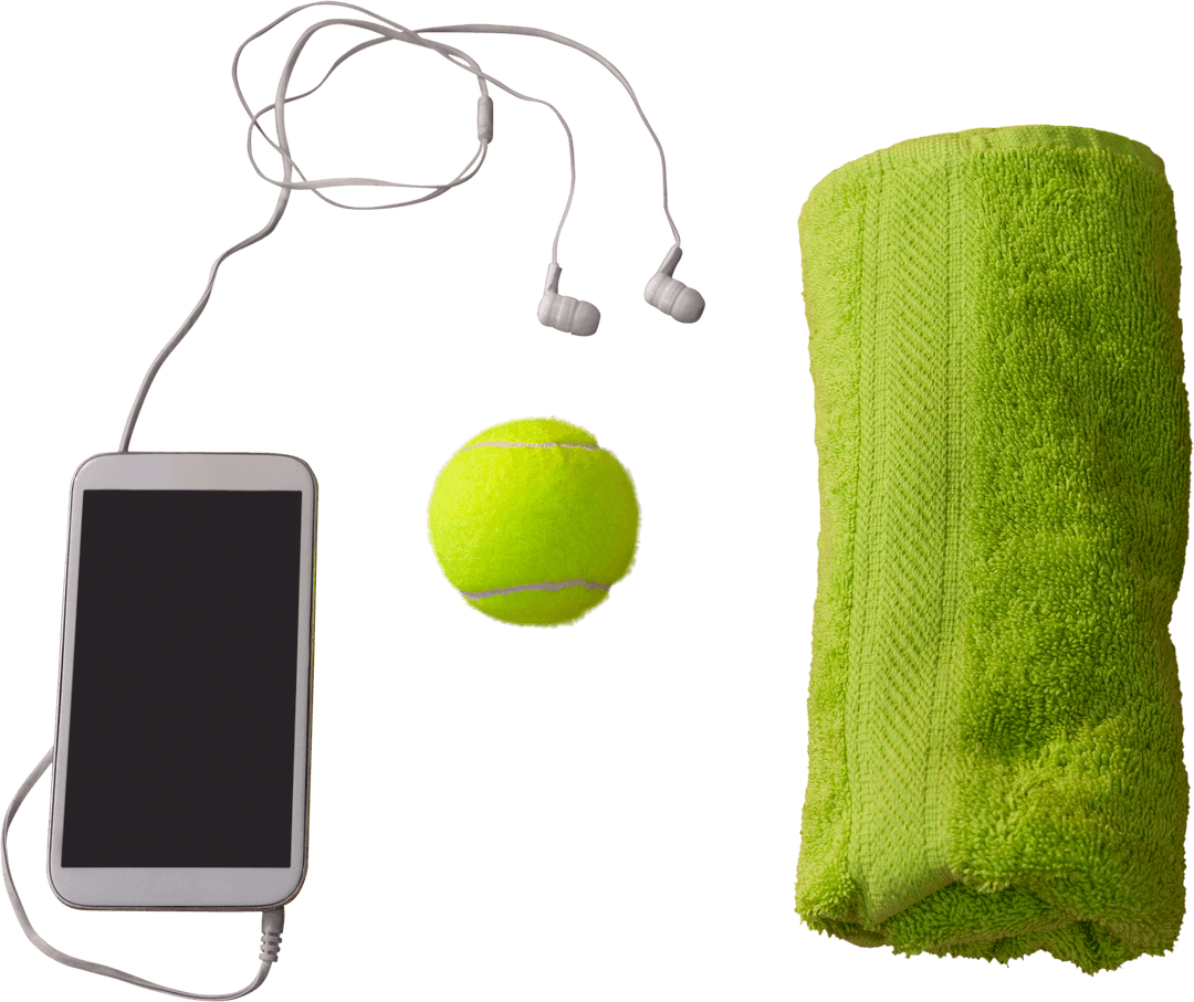 Transparent Close-up of Tennis Ball, Smartphone, and Towel