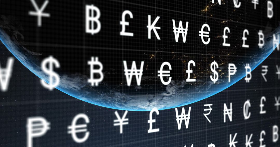 Digital Currency Symbols Surrounding Globe in Space