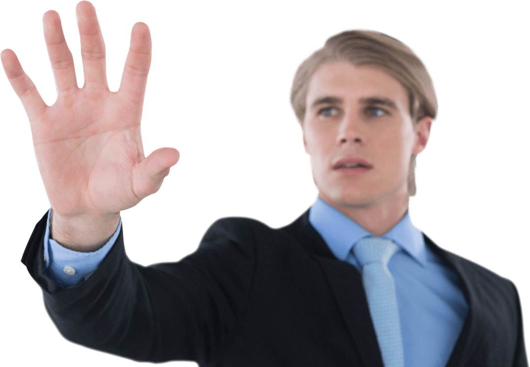 Businessman Using Transparent Interface with Open Hand