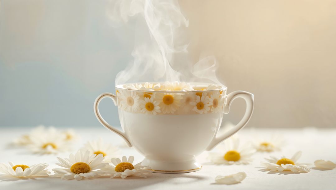 Steaming Chamomile Tea in Vintage Dual-Handled Porcelain Cup with Daisy Motif