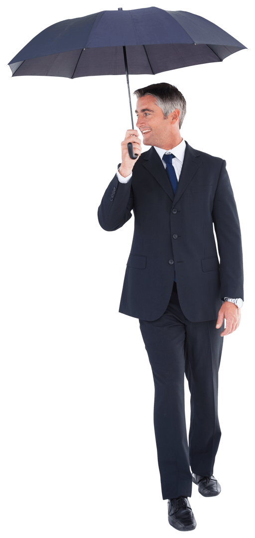 Smiling Businessman with Transparent Umbrella Walking Confidently