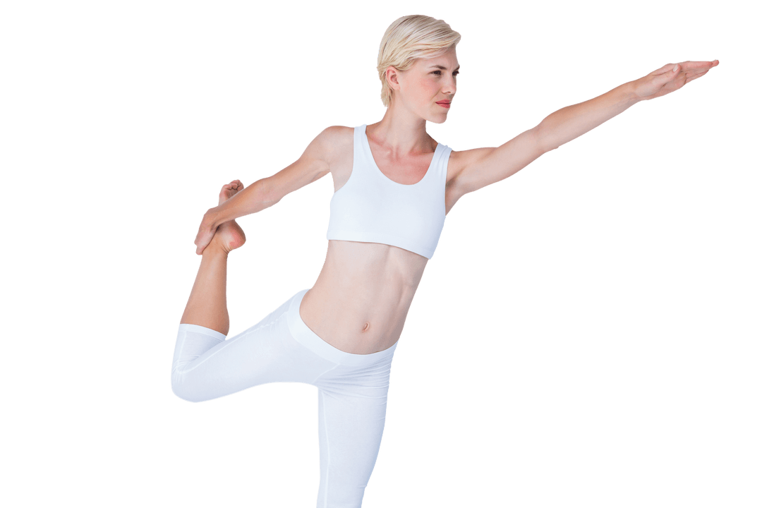Fit Woman Practicing Dance Pose in White Activewear on Transparent Background