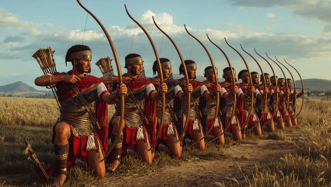 Kneeling Line of Ancient Archers Drawing Longbows in Red Cloaks on Golden Plain