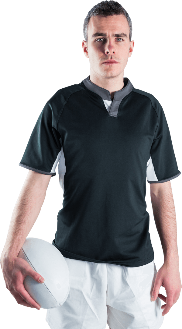 Rugby Player Holding Ball in Black Uniform Transparent Background