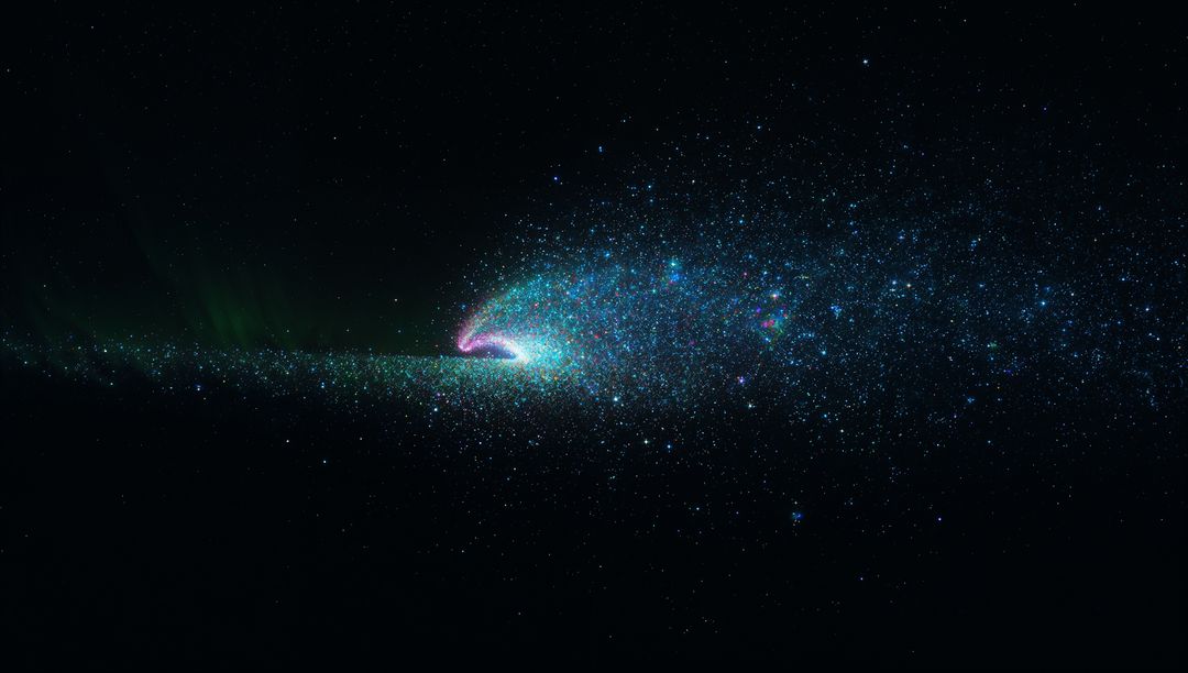 Glowing Cyan-Magenta Nebular Stream Stretching Across Infinite Deep Space Galaxy Background