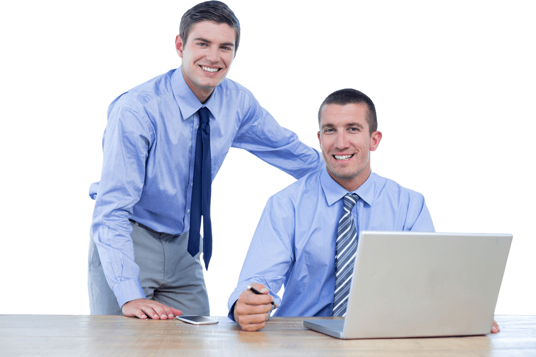 Transparent Businessmen Collaborating with Laptop in Office