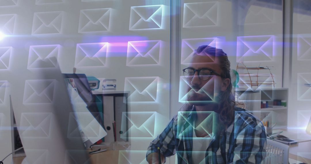 Businessman Using Computer Amongst Digital Email Icons