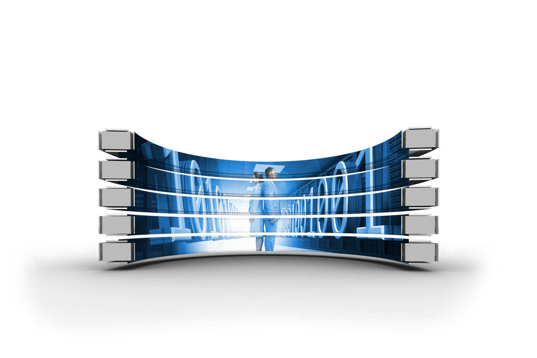 Business Professionals Inside Curved Transparent Digital Display Screen