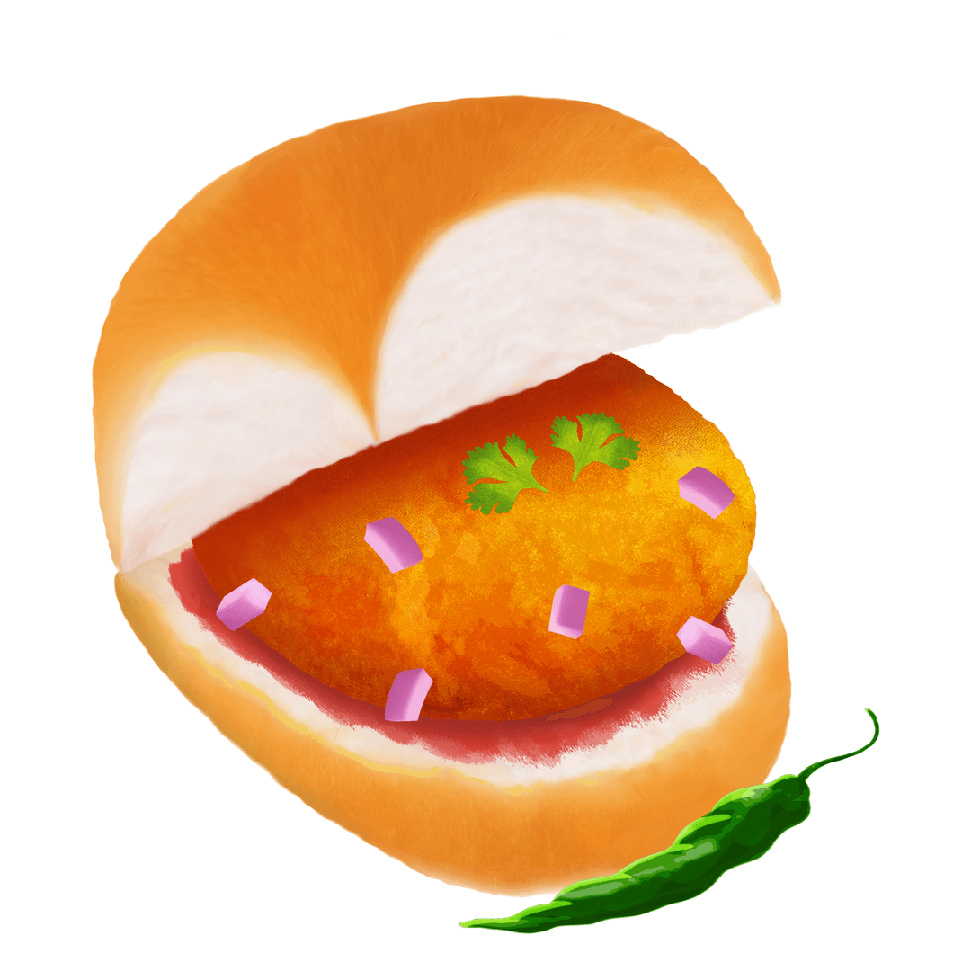 Transparent Vada Pav Illustration with Chili and Toppings