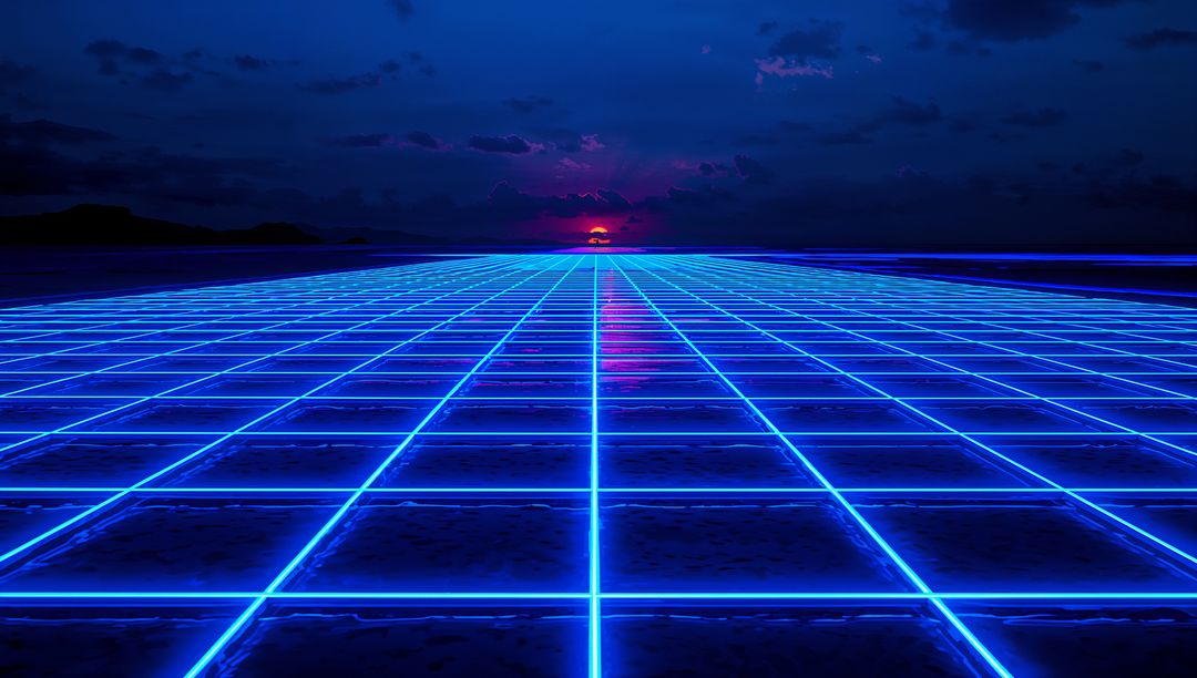 Neon Grid Horizon at Dusk with Reflective Retro Futuristic Tiles and Vanishing Point