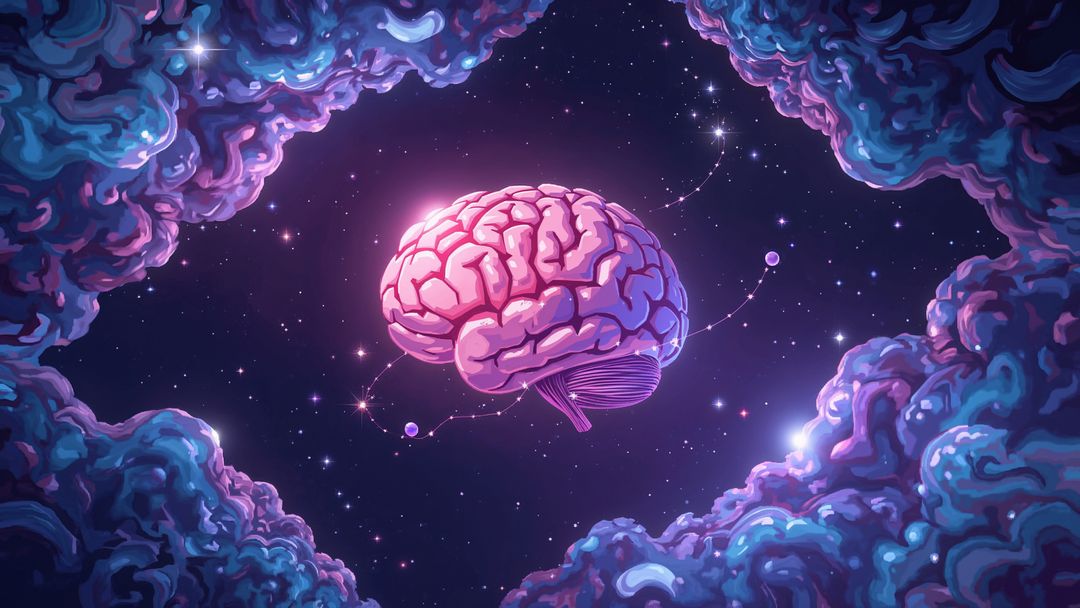 Floating Pink Brain with Orbital Spheres in Nebula Clouds