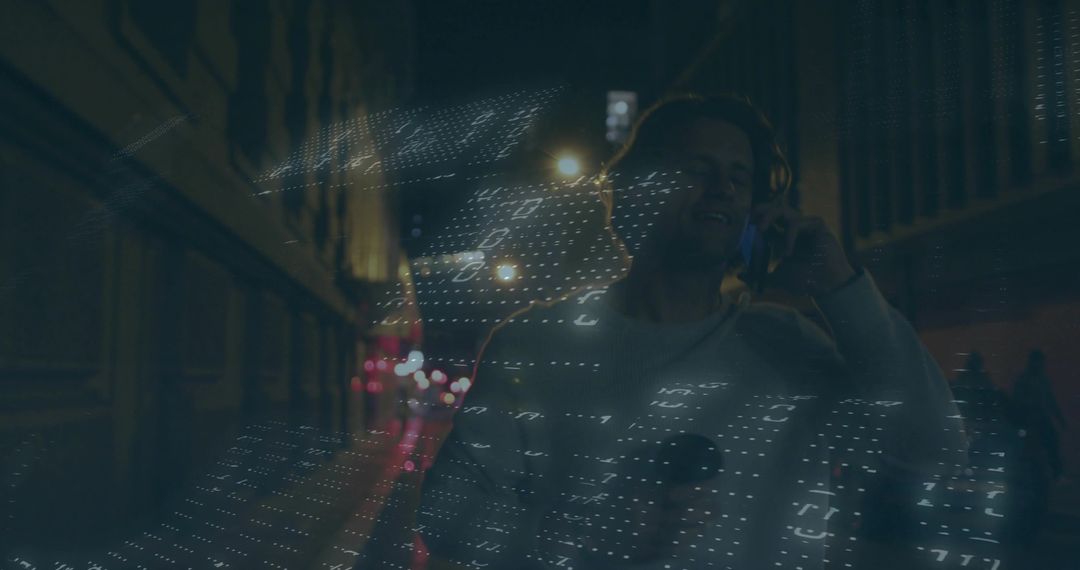Man in Urban Nightscape with Futuristic Digital Projection