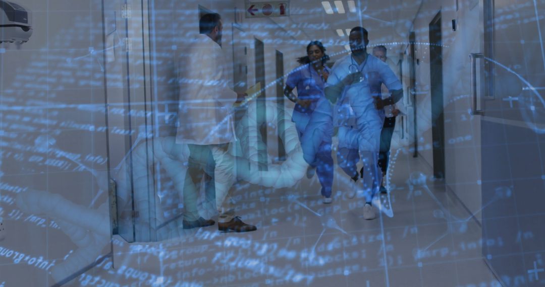 Surgeons Rushing in Hospital Overlaid with DNA and Data Concepts