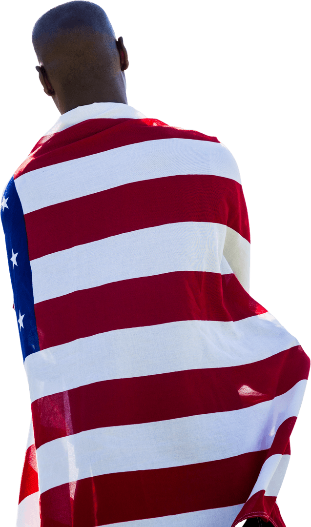 Transparent African American Athlete with American Flag Draped on Back