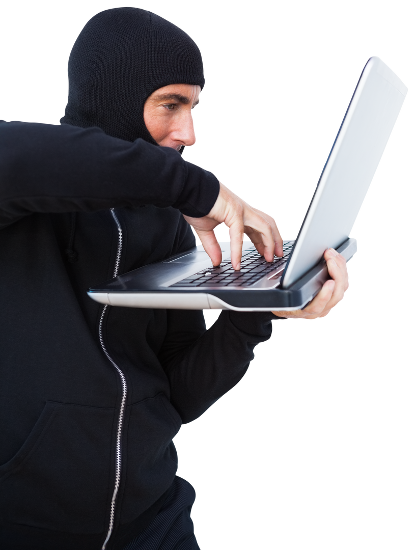 Burglar in Black Mask Hacking into Laptop on Transparent Background - Download Free Stock Images Pikwizard.com