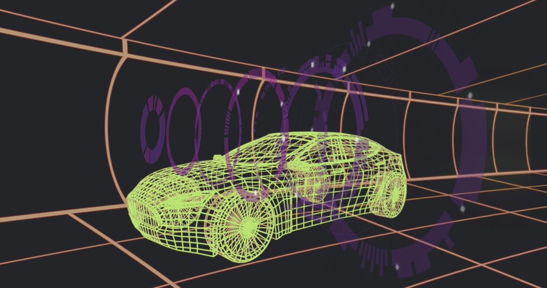 Futuristic Neon Wireframe Car in Virtual Grid Tunnel