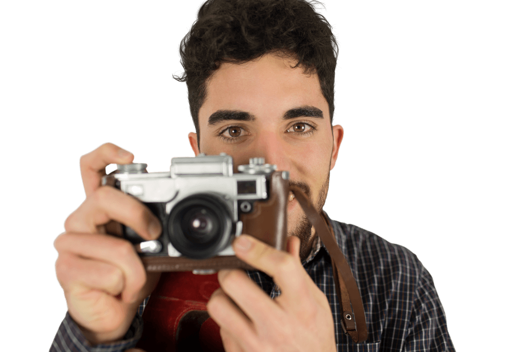 Transparent man with vintage camera taking a photo close up - Download Free Stock Images Pikwizard.com