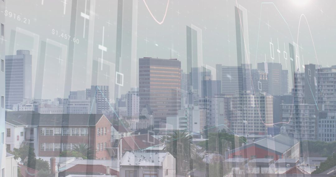 Modern City Skyline with Financial Data Overlay