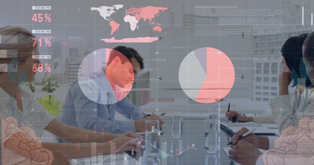 Business Team Analyzing Financial Data with Global Projections