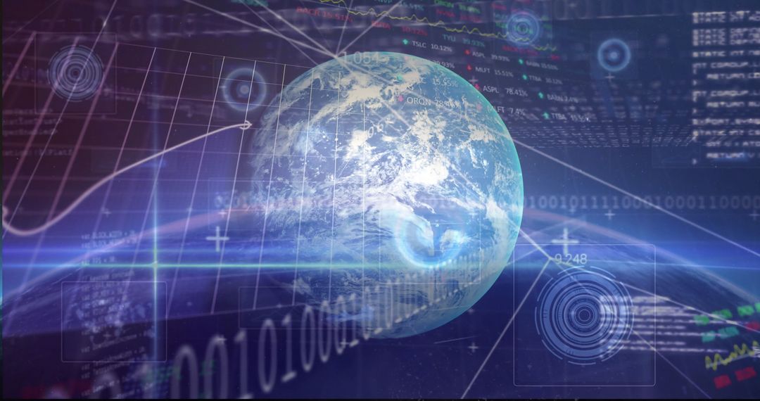 Earth in High-Tech Virtual Interface with Stock Charts and Binary Streams