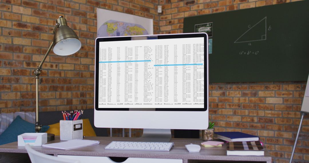 Modern Office Desk with Computer Running Data Analysis