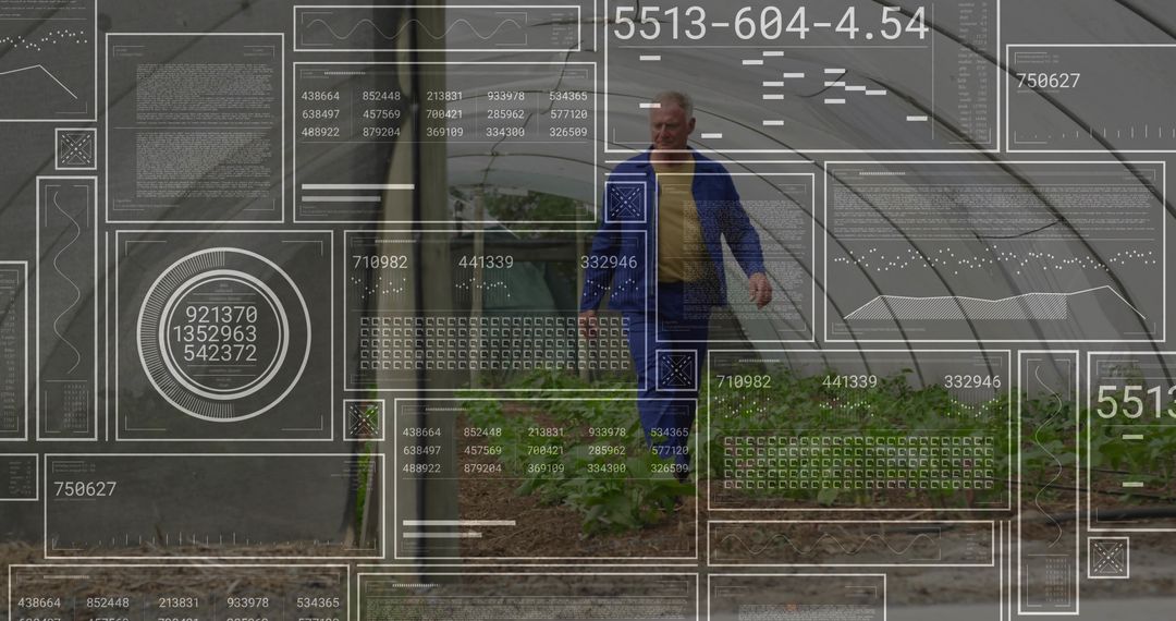 Elderly Gardener Walking in High-Tech Greenhouse Tunnel