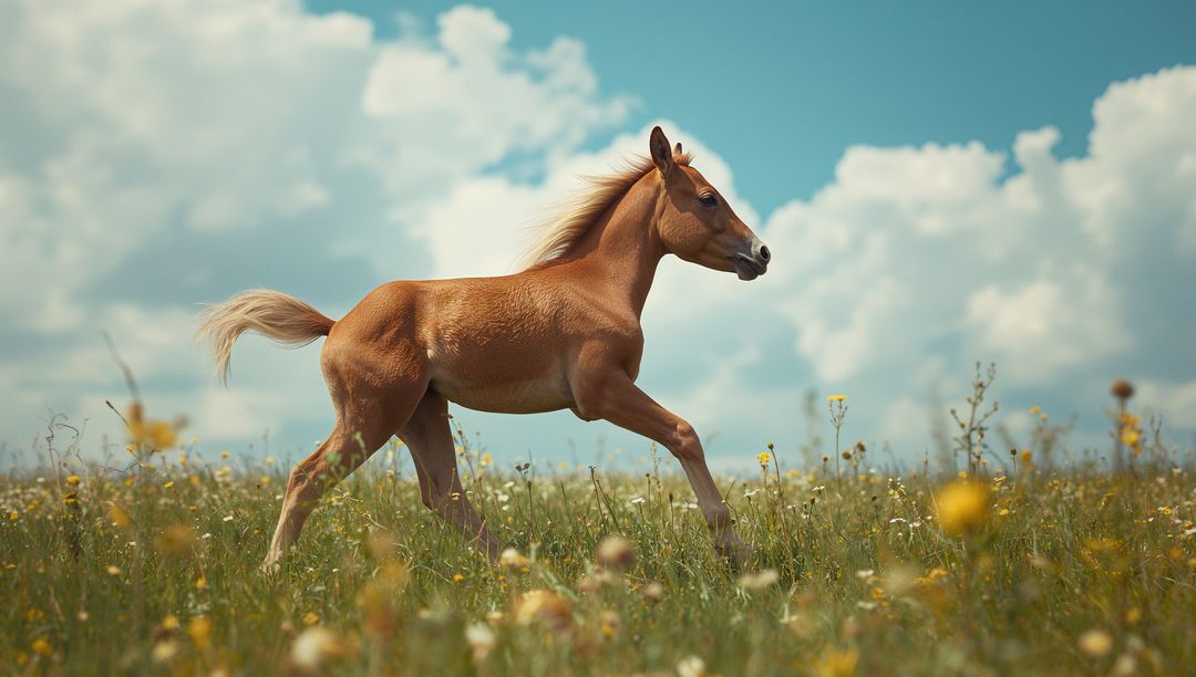 Chestnut Foal Trotting through Flowering Meadow